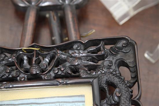 A Chinese hongmu dragon picture frame and a separate hongmu easel, c.1900, total height 62cm, width 26cm